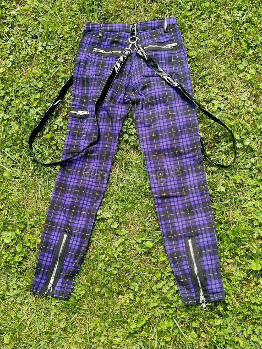 Dolls Kill Purple & Plaid Cargo Pants Bondage Harness Skinny Jeans M Punk Goth - Picture 5 of 9